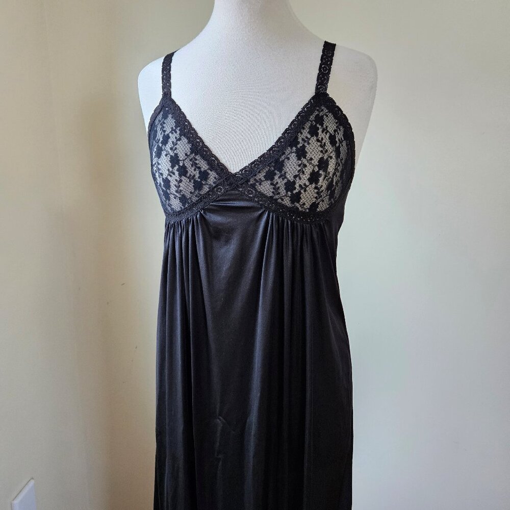 Vintage 70s Black Lace Sexy‎ Slip Dress Nightgown Nylon Lingerie Glam S/M USA